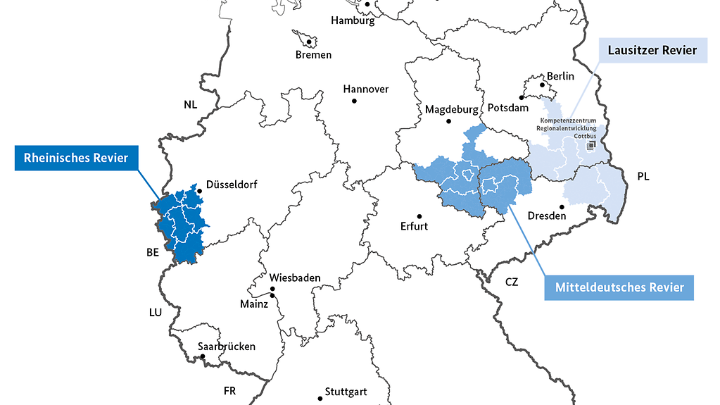 Die Karte illustriert die Verteilung der Braunkohlereviere in Deutschland
