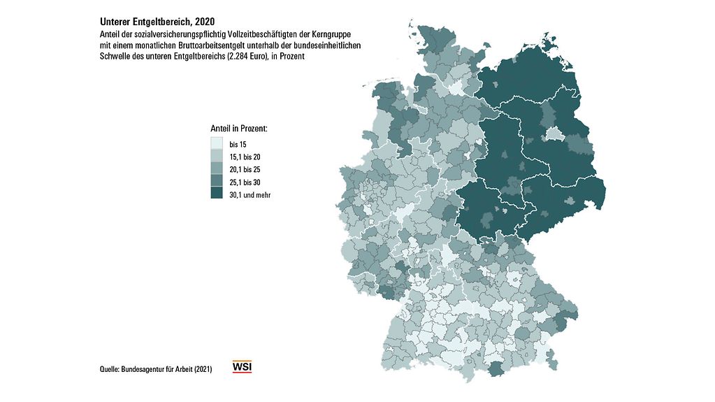 Die Karte zeigt den Anteil der sozialversicherungspflichtig Beschäftigten in Deutschland
